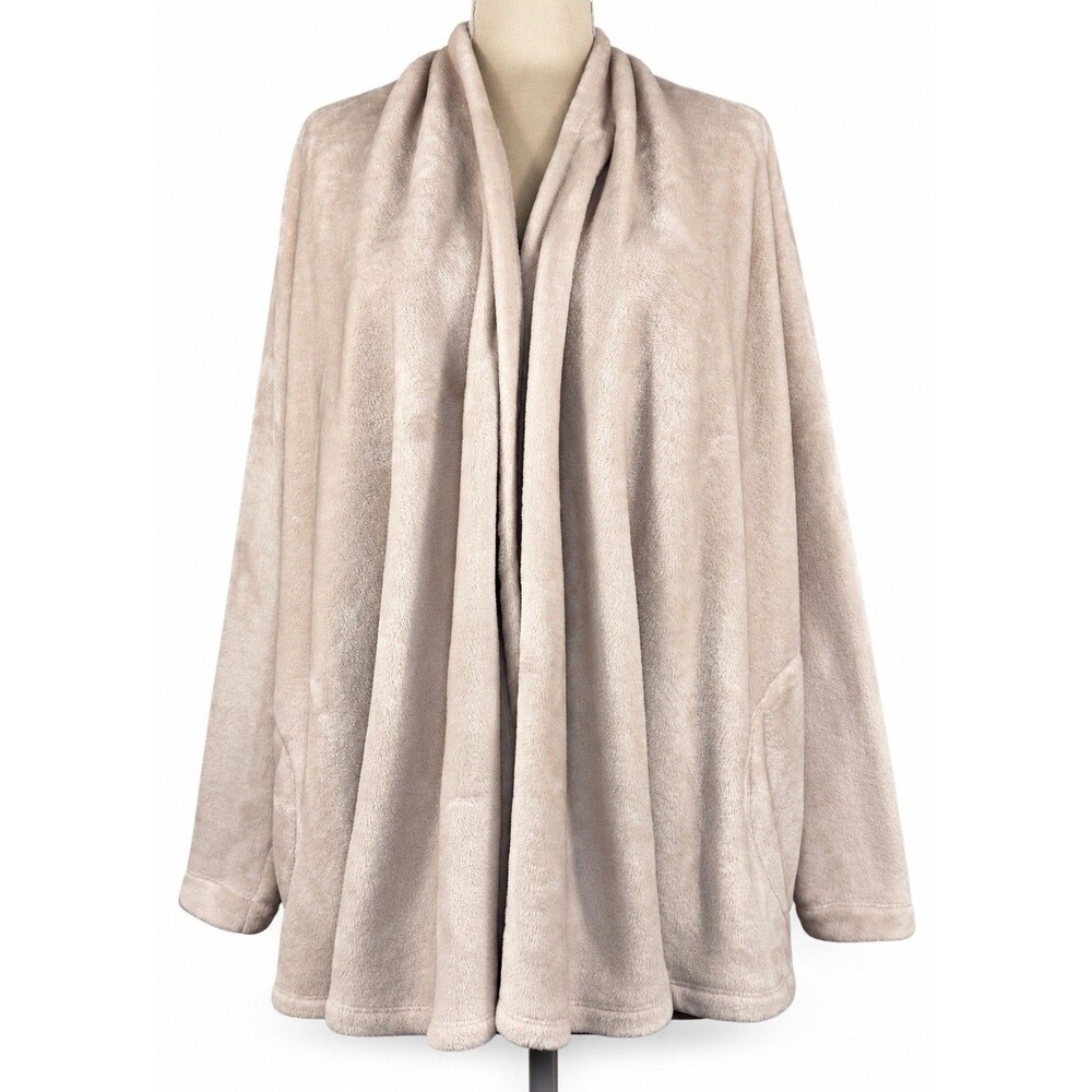 UGG Womens M Beige Plush Fleece Cardigan Open Front Shawl Collar Pockets Cozy - Picture 2 of 11